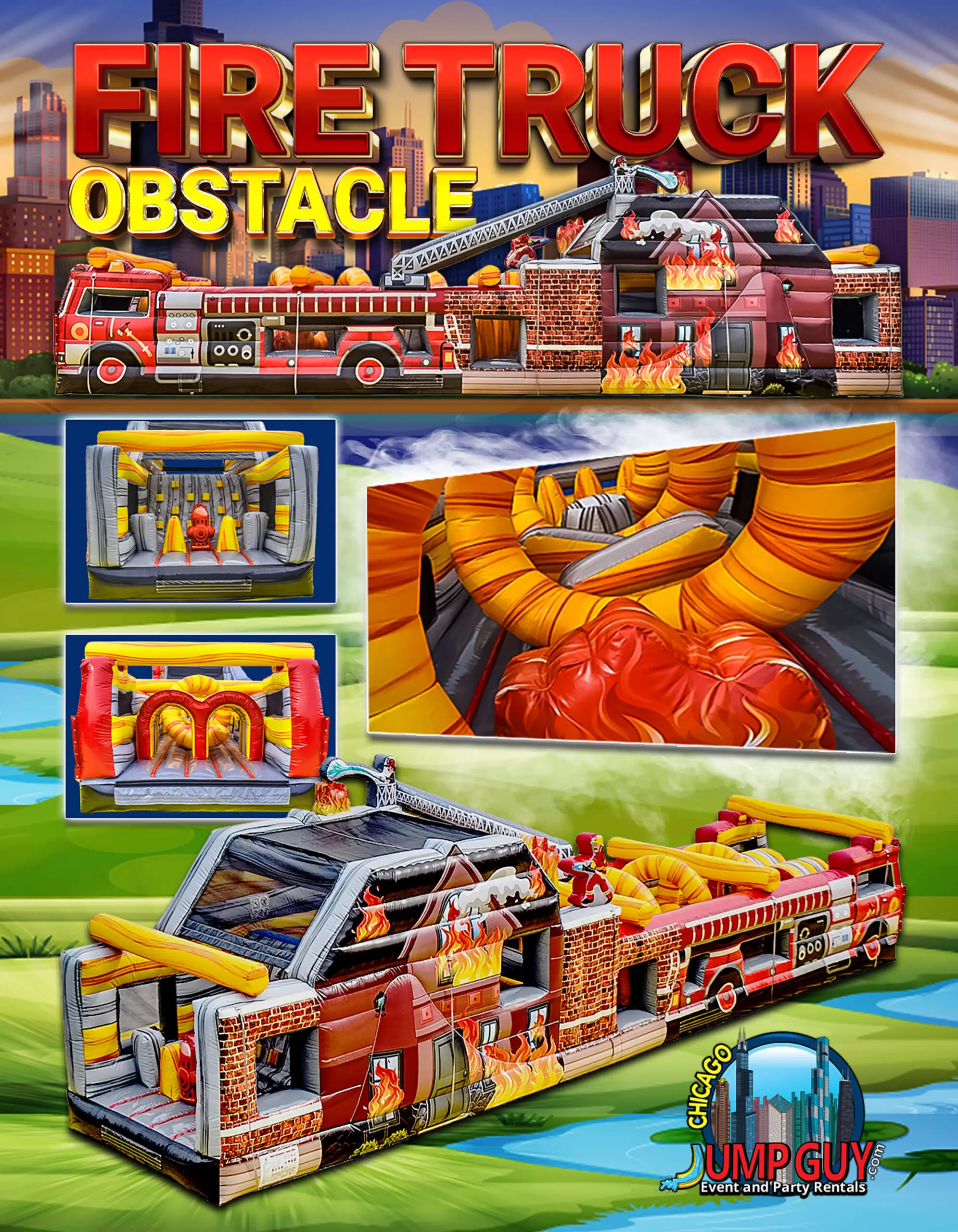Inflatable firetruck obstacle course rental set up at a Wheaton IL party event